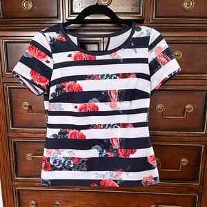 INC International Concepts Striped Floral Tee - Navy, White, Red